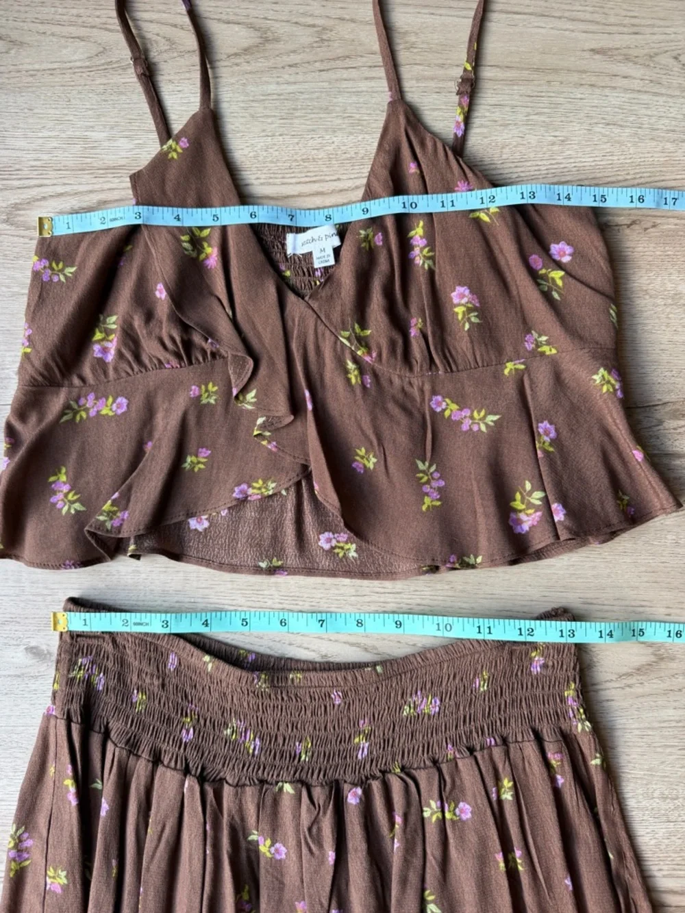 Stitch & Pine Brown Floral 2 Piece Set Smocked Skirt Tank Medium NWT - Picture 11 of 15